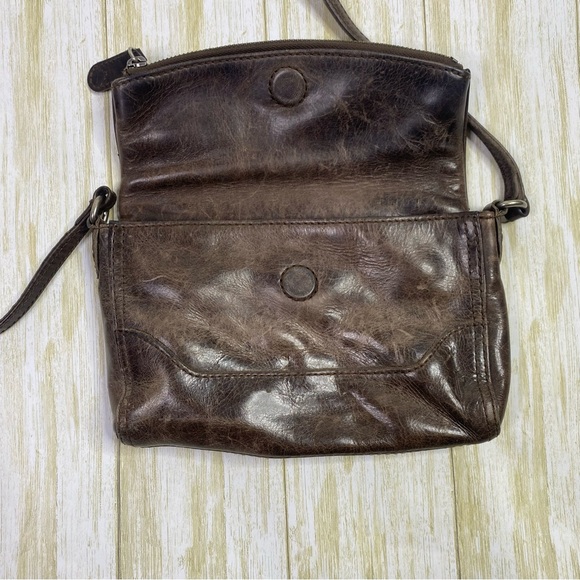 Frye Melissa Foldover Dark Brown Distressed Leather Crossbody Bag - Picture 3 of 10